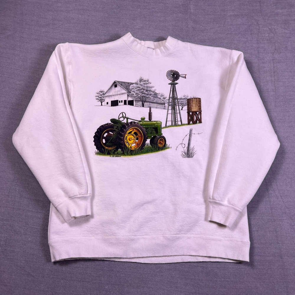 Oneita VTG Farm Tractor Graphic Sweatshirt Mens Large White USA Made Crewneck